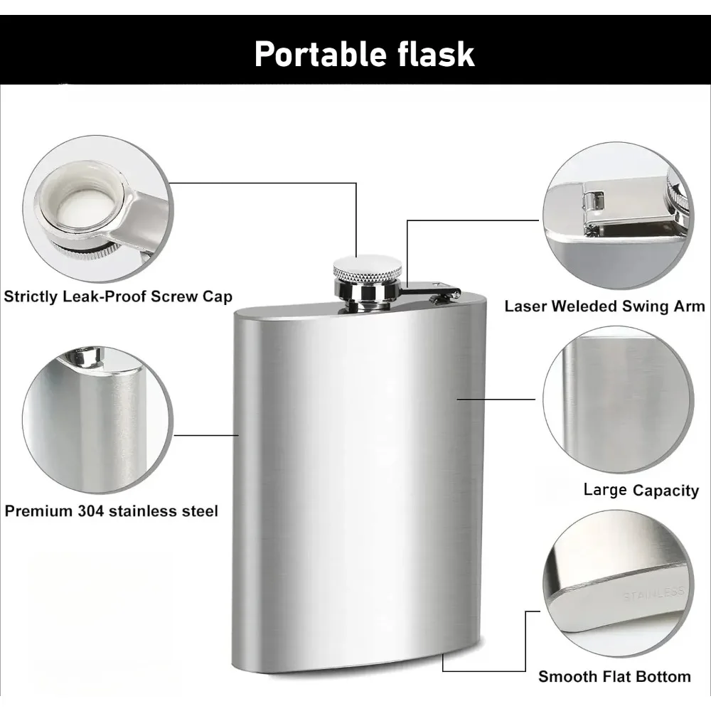 Stainless Steel Flask Leakproof Drinking Flask Portable Pocket Whiskey Flask  Rust Proof for Party Camping Travel and Gifting