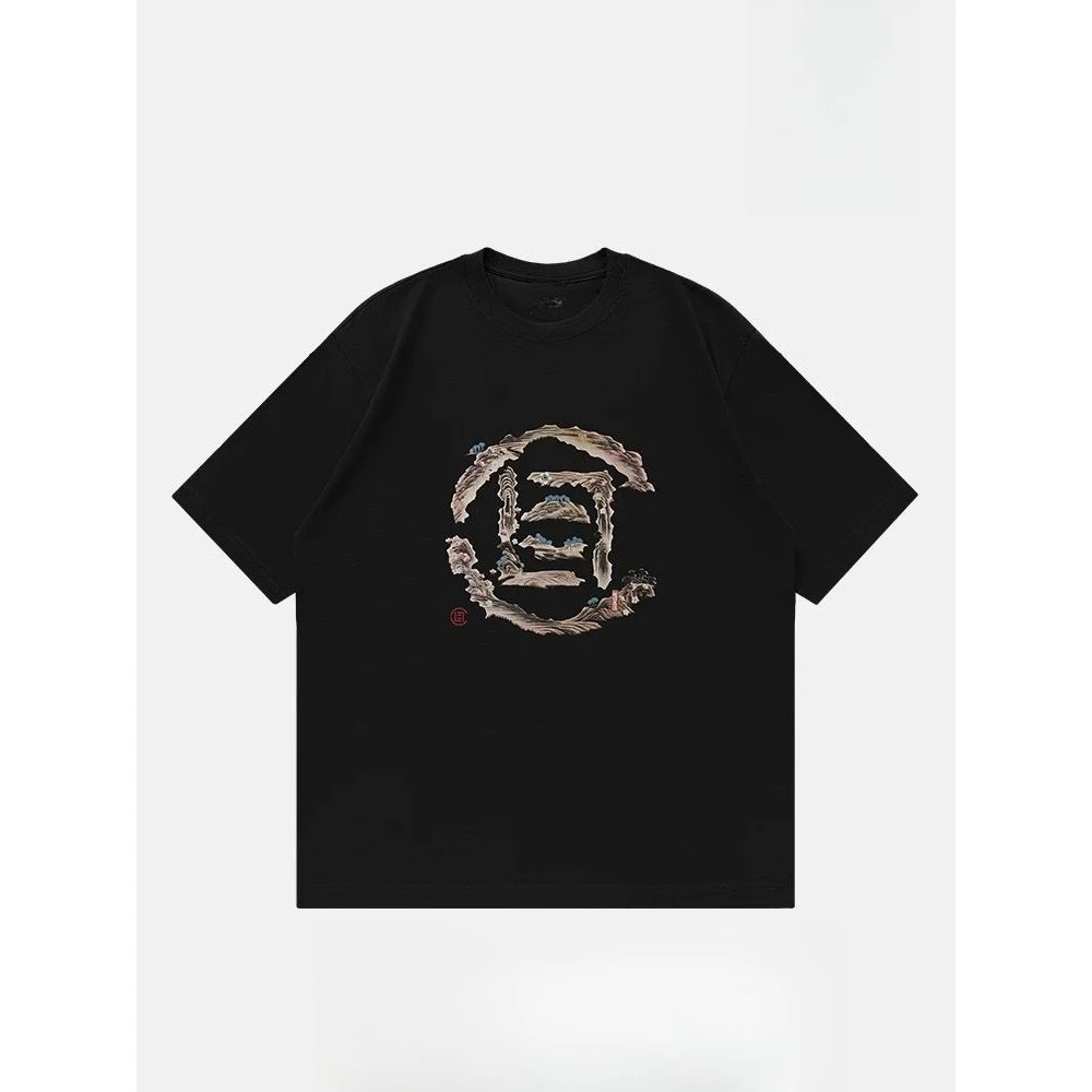 2025 أحدث فضفاض الثقيلة إلكتروني الطباعة عارضة الصيف قطنية عالية الجودة الطباعة قصيرة الأكمام زوجين تي شيرت طاقم الرقبة الإضافية