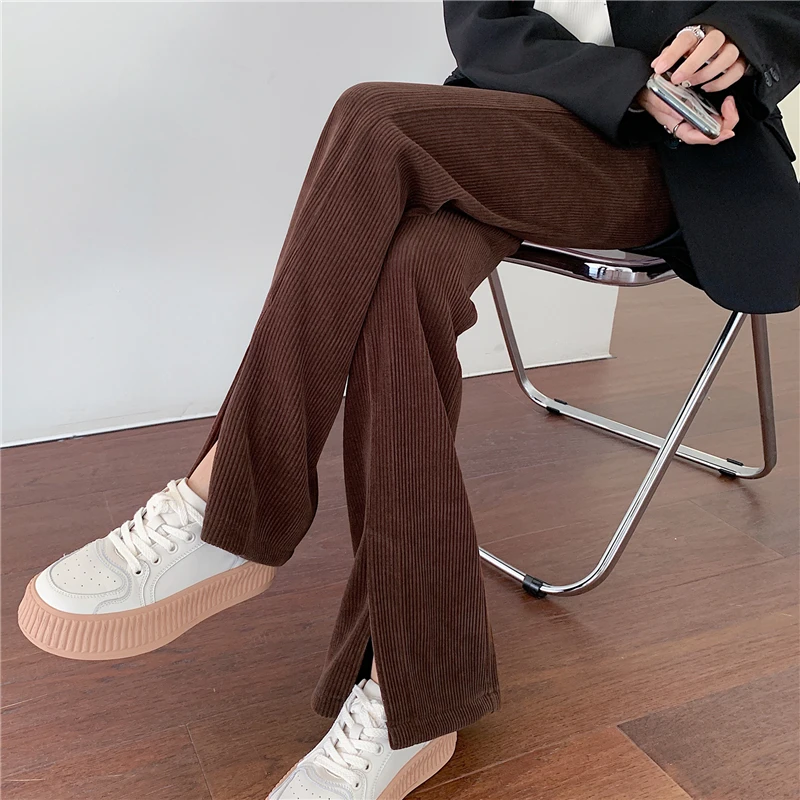 2023 New Corduroy Women's Suit Flare Pants Autumn Winter High Waist Full Length Front Split Casual Loose Pants Female Trousers