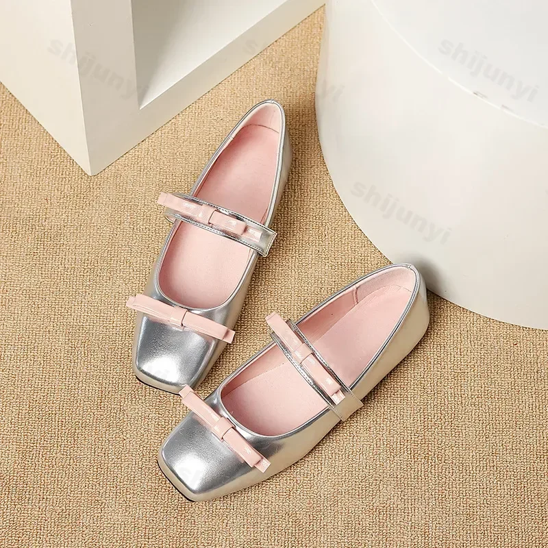 New 2024 Fashion Square Toe Glossy Leather Flats Women Double Bowknot Mary Jane Shoes Female Ballets Party Shoes Plus Size 44