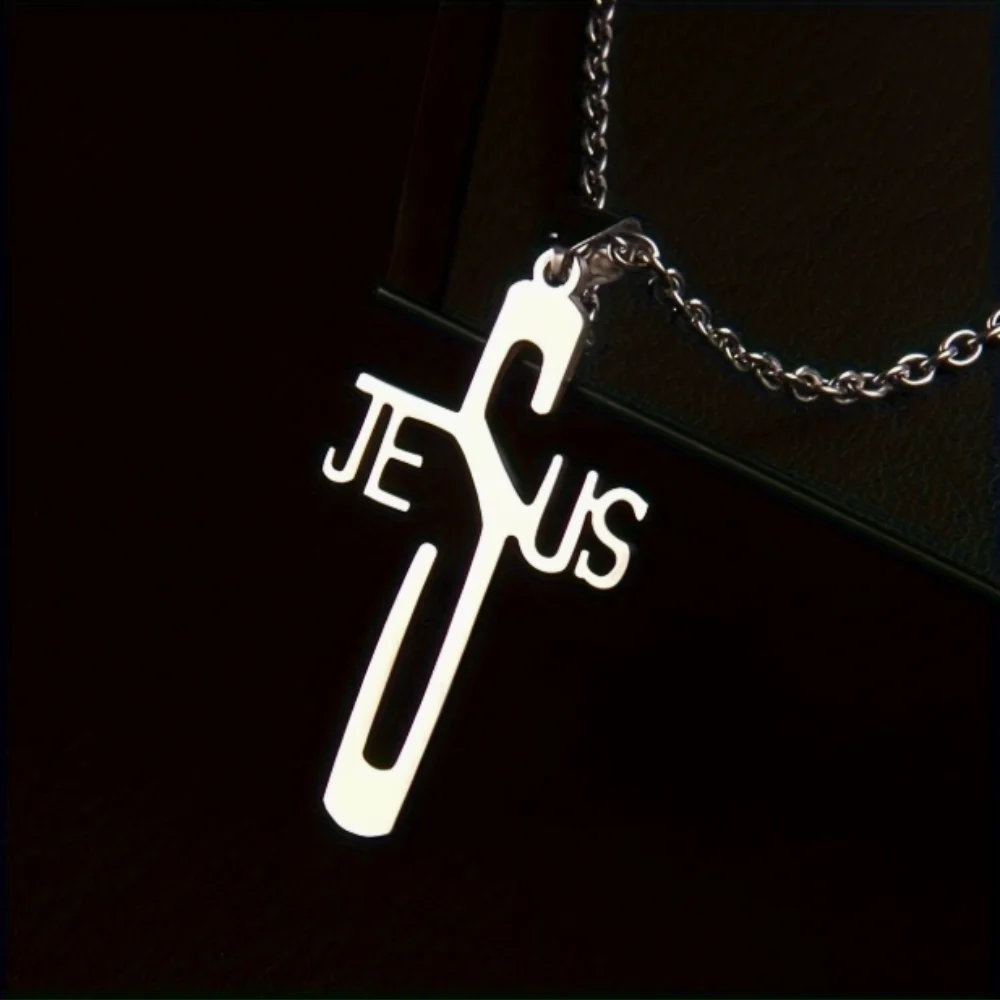 Stainless Steel JESUS Cross Necklace for Men Women Hollow Letter Crucifix Pendant Necklace Religious Faith Jewelry Gift
