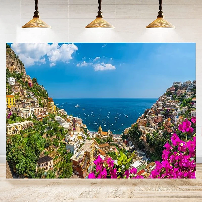 Italian Town Photography Backdrop View Of Positano Town On The Famous Amalfi Coast Blue Ocean Background Party Decoration Banner