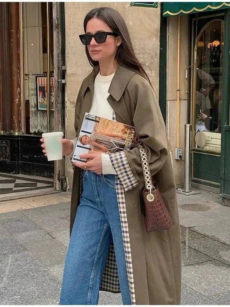 

Женское шикарное свободное пальто с лацканами, зеленое однобортное однобортное пальто с длинными рукавами, осень 2024, классическое женское длинное пальто большого размера