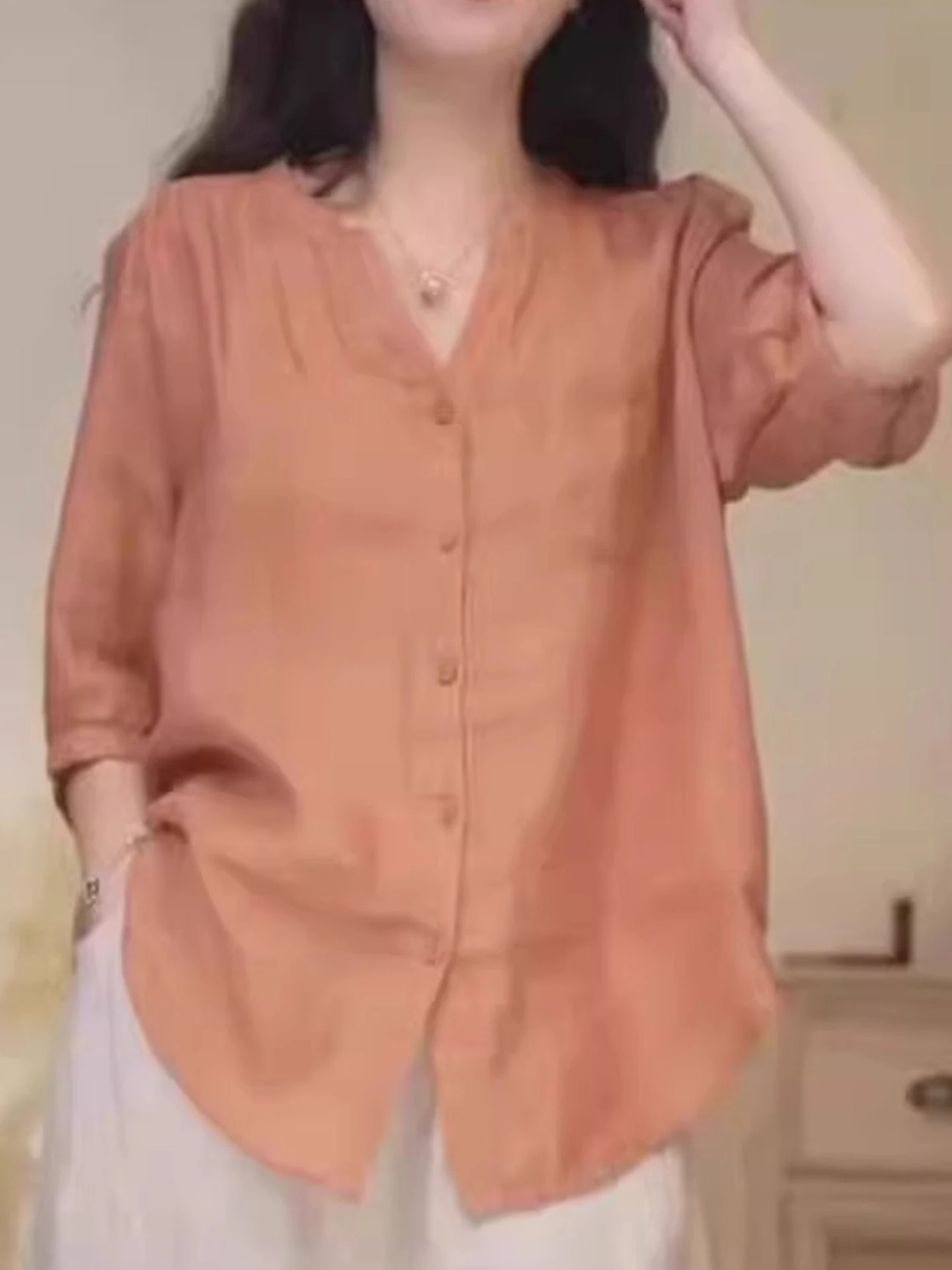 Csa de Chiffon Solta com Um Botão e Manga Sete, Estilo F Verão 2025, Design em Cor Pura, Top Trendy Versão Coreana ...