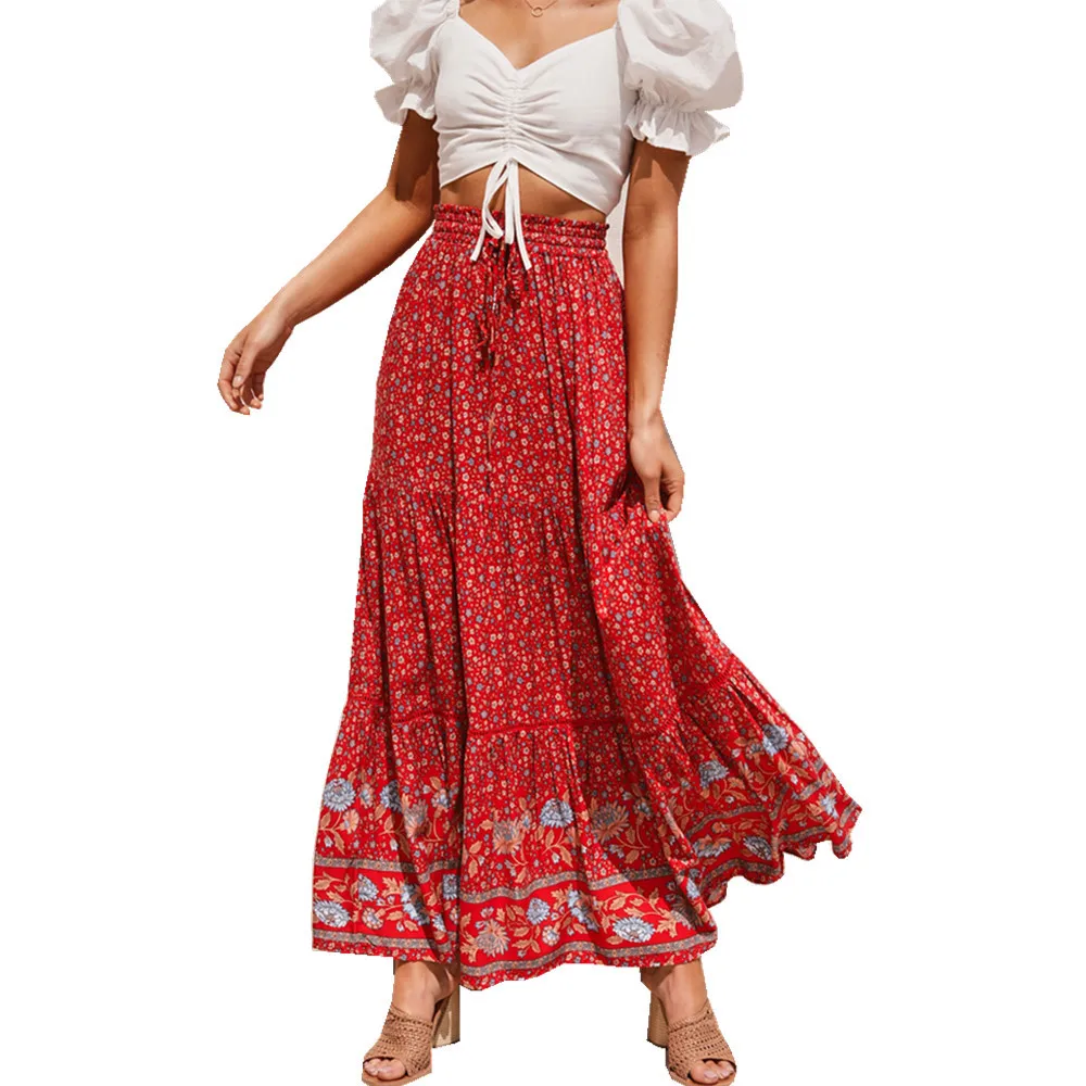 Vintage Chic Fashion Women Red Floral Print Beach Bohemian Pleated Skirt Rayon Cotton High-waisted Boho Maxi Skirts Femme 2024