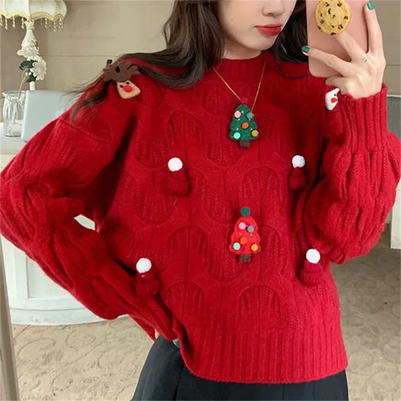 Sweater Women Knitted Print Christmas Jumper Elegant Lady Pullovers Long Sleeve Spliced Sweaters Outwear Autumn Winter