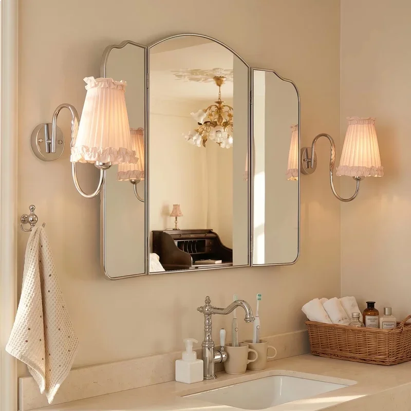 Nn French Retro Stainless Steel Triple Folding Mirror Wall Mount Bathroom Vanity Desk Decor