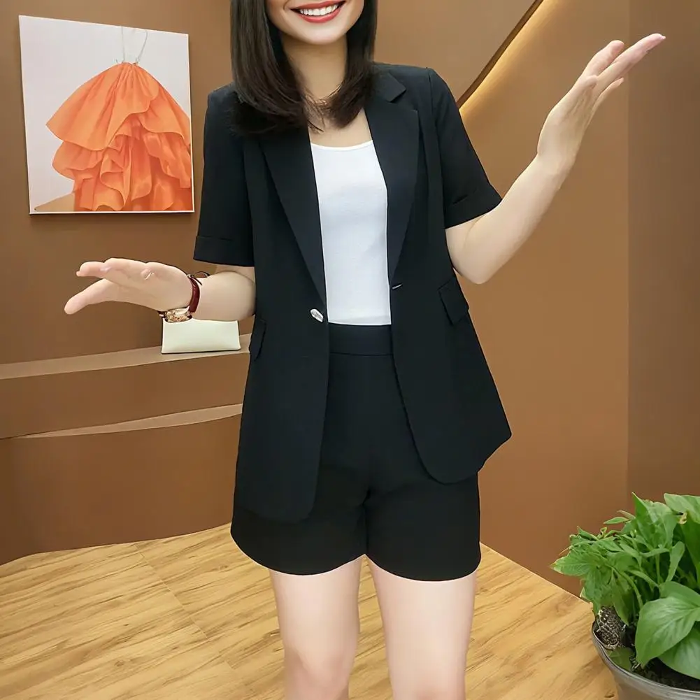Stylish Solid Color Ensemble Stylish Women's Blazer Shorts Set for Office Work Wear Short Sleeve Open Front Jacket with One