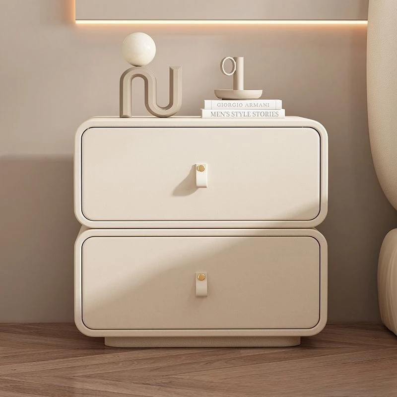 Modern minimalist solid wood nightstand, princess-style light luxury leather storage cabinet