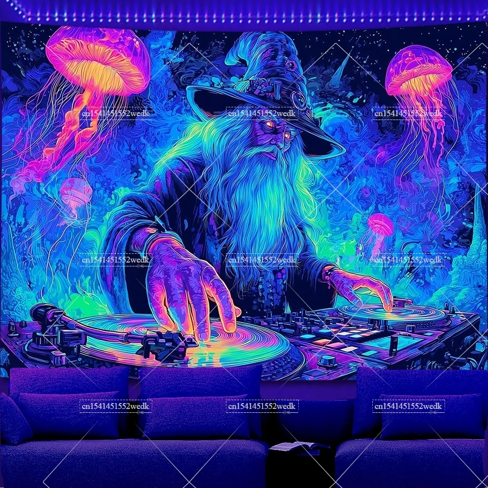 UV Reactive Music Wizard DJ Blacklight Tapestry Neon Jellyfish
