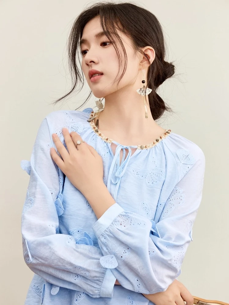 SENTUBILA Women‘s Chiffon Blouse Solid Butterfly Embroidery Lace Tie-Neck Blouse 2025 Autumn Bohemian Loose-fit Shirt 153VA3819