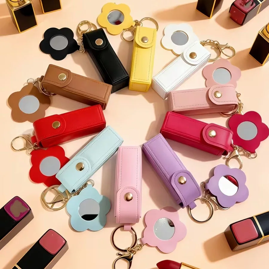1pcs Advanced Lipstick Bag Pendant Keychain Flower Makeup Mirror Female Portable Leather Keychain