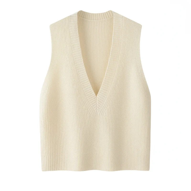 

Sweater Vest 100% Cashmere Winter Warm New Basics V-Neck Solid A-straight Tank Top Knitting Sleeveless Korean Fashion