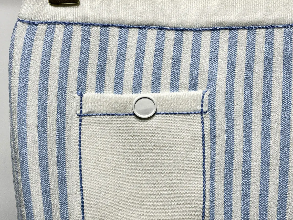 

2026 Summer Vertical Stripes Women Blue Knitted A-line Elastic Waist Mini Skirt + Sleeveless Vest Preppy Style
