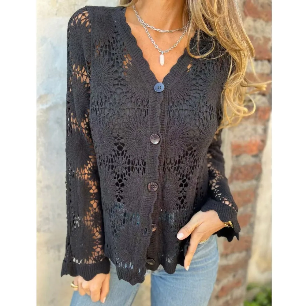 

Women's Sexy Lace Blouse Shirt V-neck Button Long Sleeve Knitted Cardigan Commuting Fashion Casual Top for Women Clothing 2025
