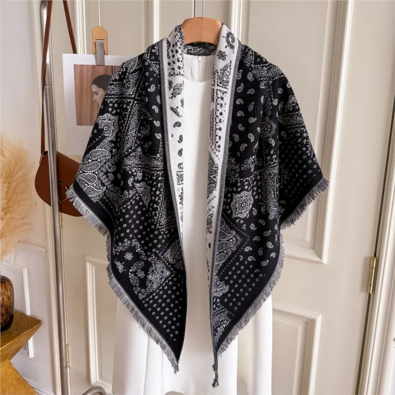 Women Vintage  Print Shawl Tassel Fringe Edge Poncho Open Front Cape Warm Imitation Cashmere Scarf Wrap Triangle Scarf Autumn