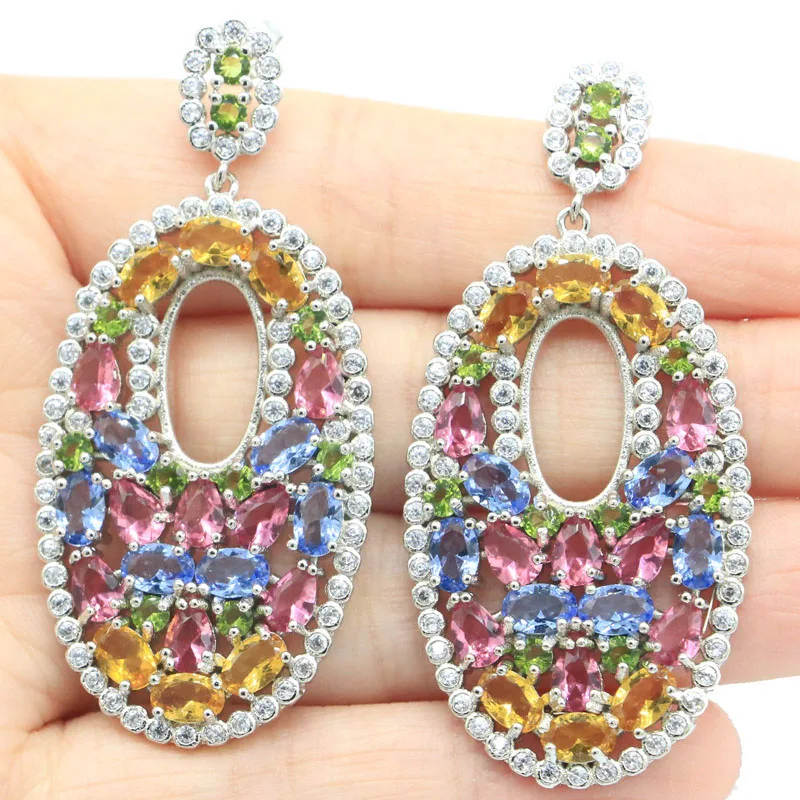 

60x28mm Long Big Multi Color London Blue Topaz Smoky Topaz Tourmaline Peridot Violet Tanzanite CZ Engagement Silver Earrings