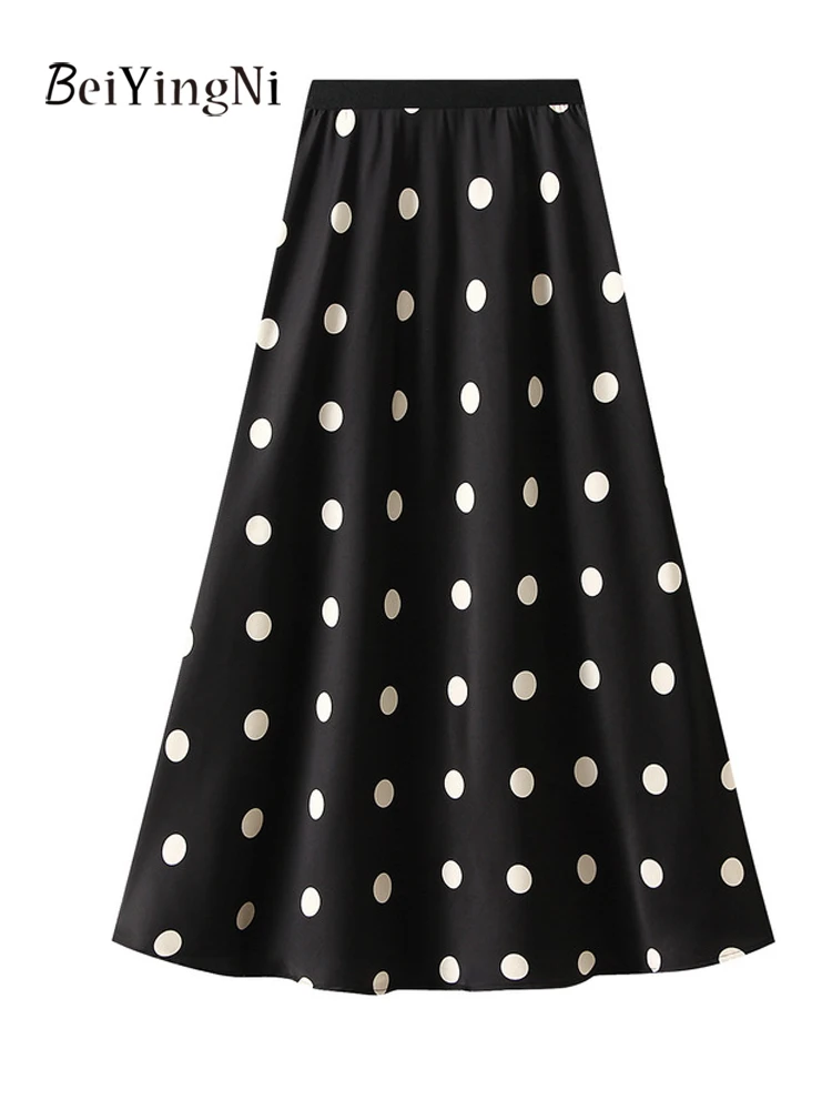

Beiyingni Elegant High Street Women Satin Skirt Dots Printed French Vintage Office Ladies Maxi Trumpet Skirts Black Apricot Jupe