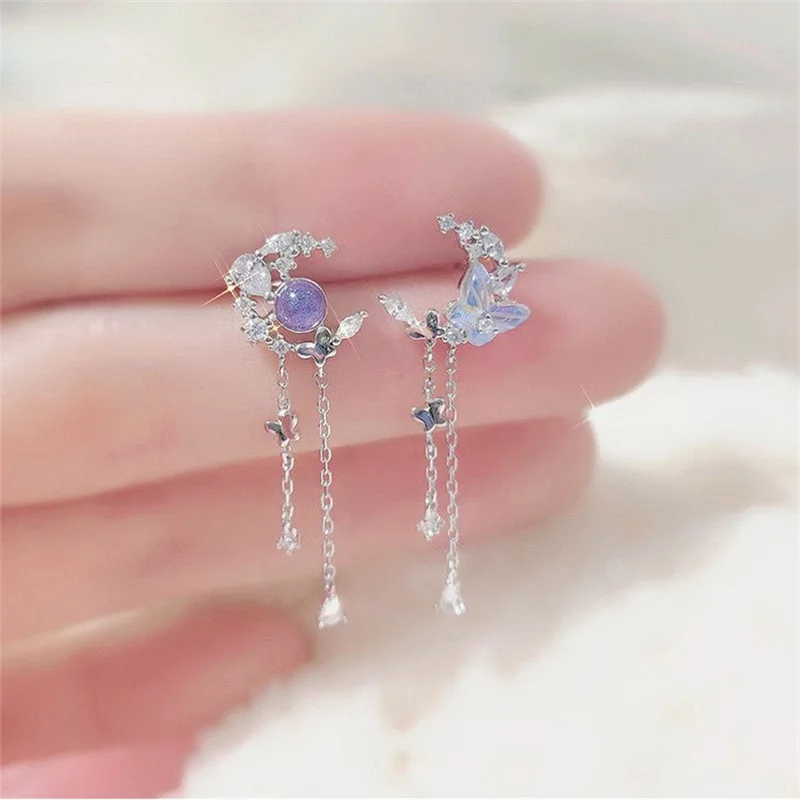 

Korean Style Asymmetrical Drop Earrings with Planet Moon Butterfly Tassel Women's Sparkling Crystal Jewelry for Girls Party