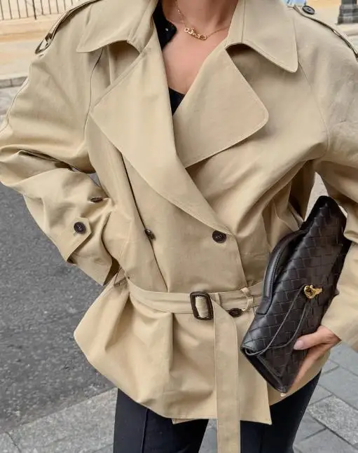 Fashionable Long Sleeved Lapel Tie Cinched Waist for Slimming and High-End Feeling 2025 Autumn Mid Length Trench Coat for Women