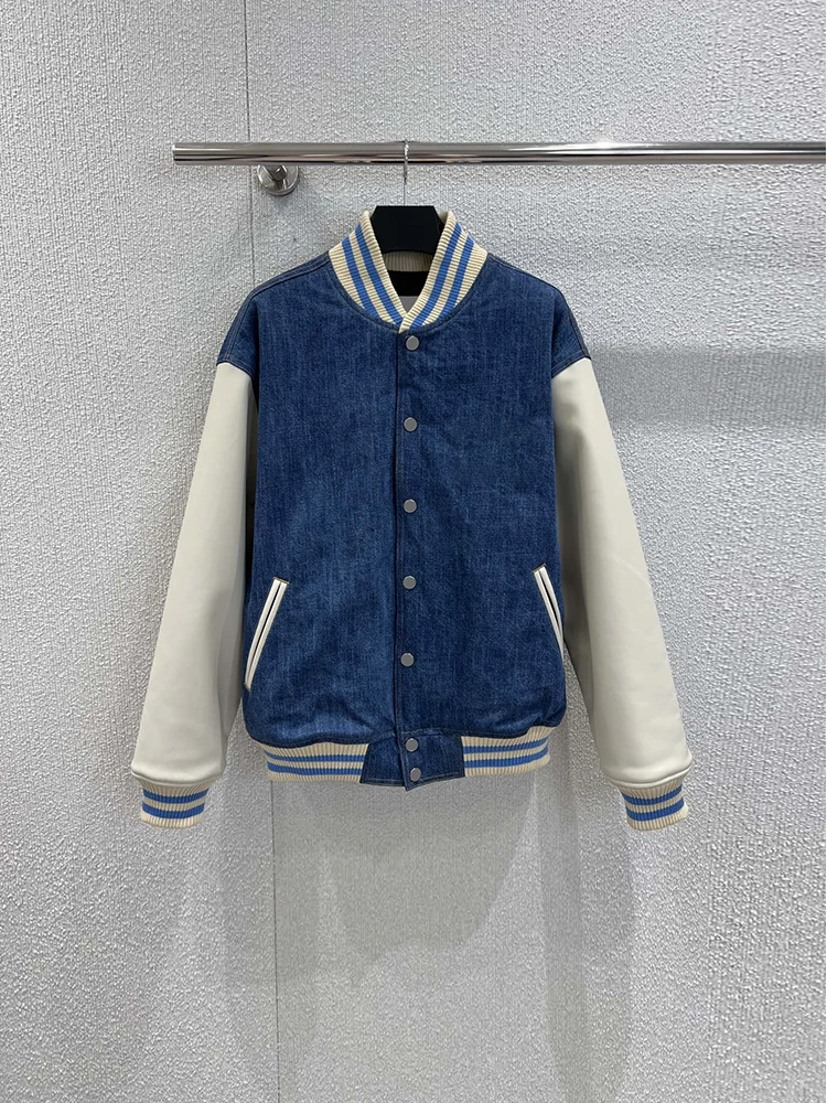

Spenneooy Spring Autumn Fashion Loose Casual Cowboy Jacket Women's Striped Stand Collar Lantern Sleeve Elastic Waist Jacket