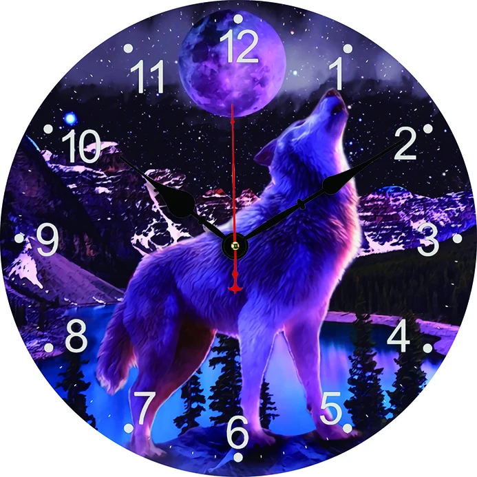 Wolf Moon Wall Clock Kitchen Decor Wall Art Silent Non Ticking Large Round Wall Clocks For Living Room Bedroom Office