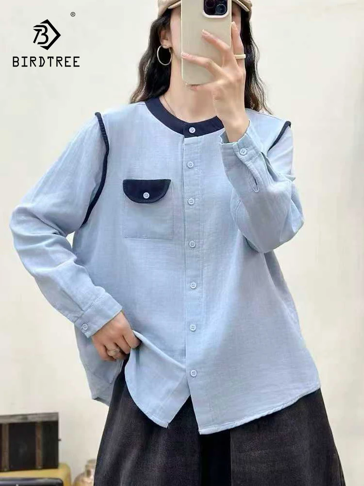 

Новая осенняя рубашка с длинными рукавами из хлопчатобумажной пряжи 2025 года, женская лоскутная рубашка с карманом-стойкой, модная мягкая свободная блузка Mori Girl T5O673CC