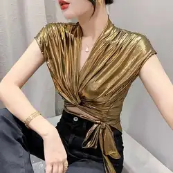 #5133 Gold Silver Green Shinny Sleeveless T Shirt Women Sexy Streetwear Sexy Irregular Short Wrap T-shirt Female Bandage Summer