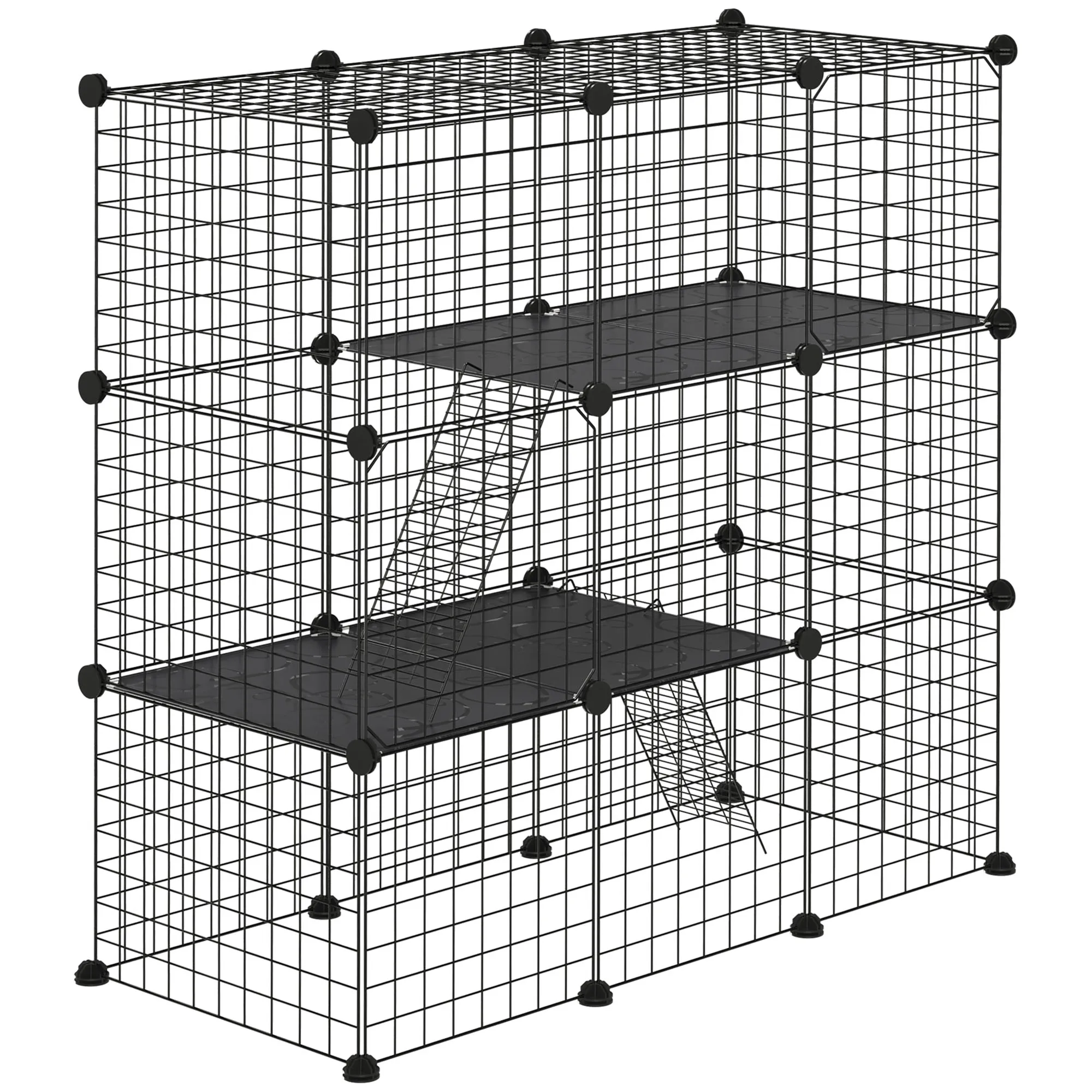 PawHut small animal cage 31 panels pet Park DIY with guinea pig lug ramp Chinchillas rabbits 105x45x105 cm black