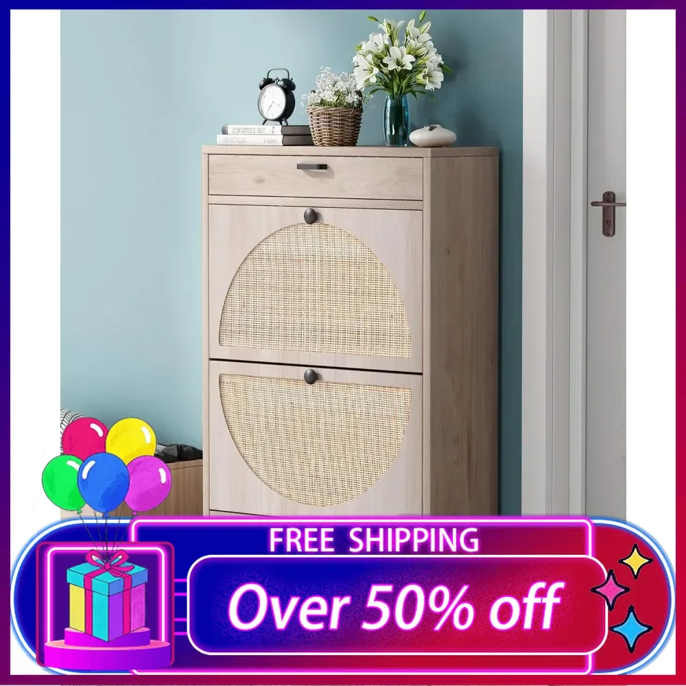 

Shoe Storage Cabinet with 2 Flip Drawers&1 Small Drawer, Slim Entryway Shoe Organizer with Half Round Woven Rattan Doors