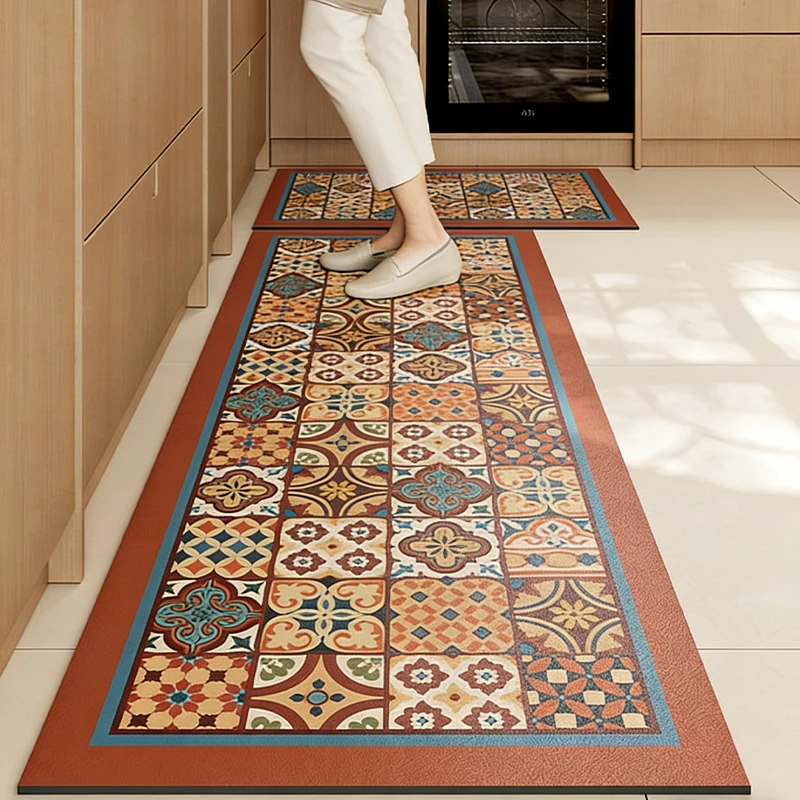 

Коврик для кухни, водонепроницаемый, нескользящий, длинный, из ПВХ-кожи, маслостойкий, в ретро-этническом стиле, для домашнего декора