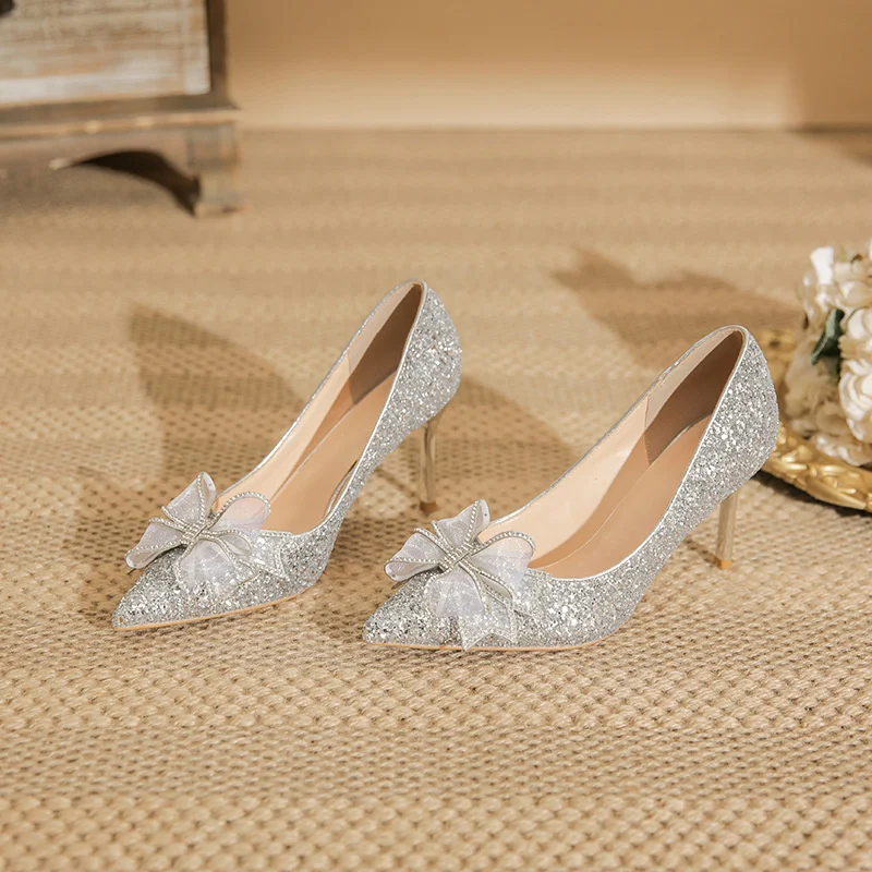 Spring Women Pointed Tip Thin High Heels New Pumps Sequins Fashion Sexy Wedding Party Bow Tie Stiletto Single Heels