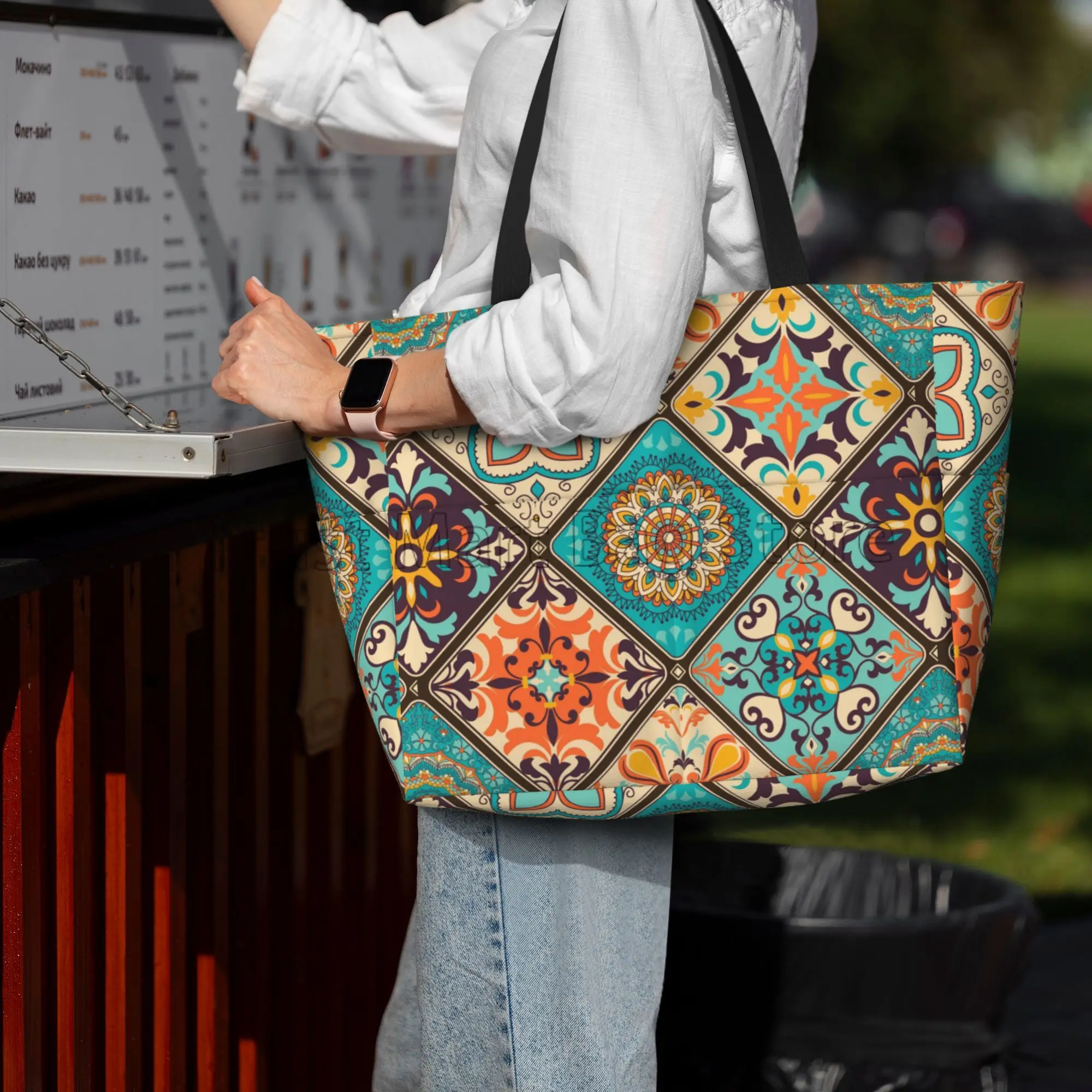 Tote de flores de mandala étnica para viagem, bolsa de praia impermeável, bolsas de piscina para mulheres, academia extra grande