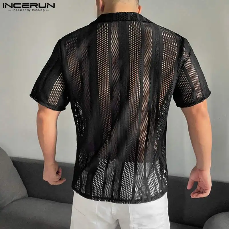 2024 Men\'s Shirt Mesh Transparent Lapel Short Sleeve Summer Men Clothing Streetwear Hollow Out Fashion Casual Camisas INCERUN