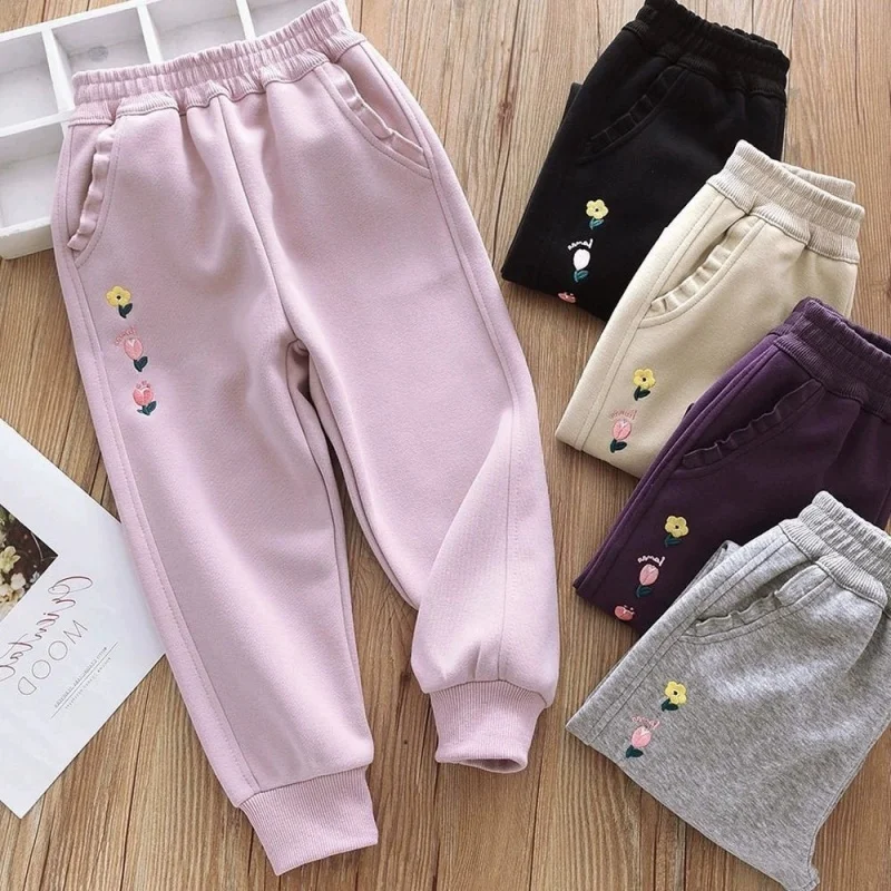 

2026 Spring and Autumn Girls' Casual Pants, Sports Embroidered Flower Lace Leg Waist Pants, Pants 3-12T