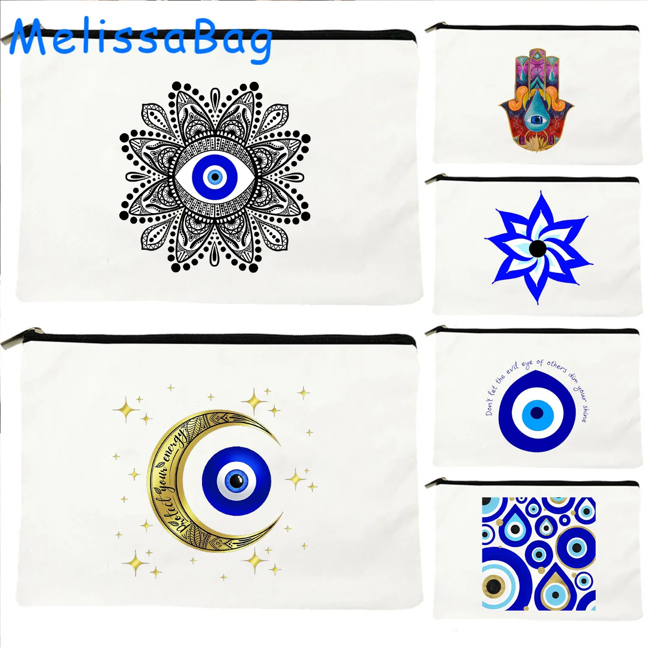 Colorful Mati Blue Evil Eye Moon Mandala Flower Masallah Nazar Canvas Cosmetic Bags Makeup Pencil Case Zipper Pouch Storage Bags