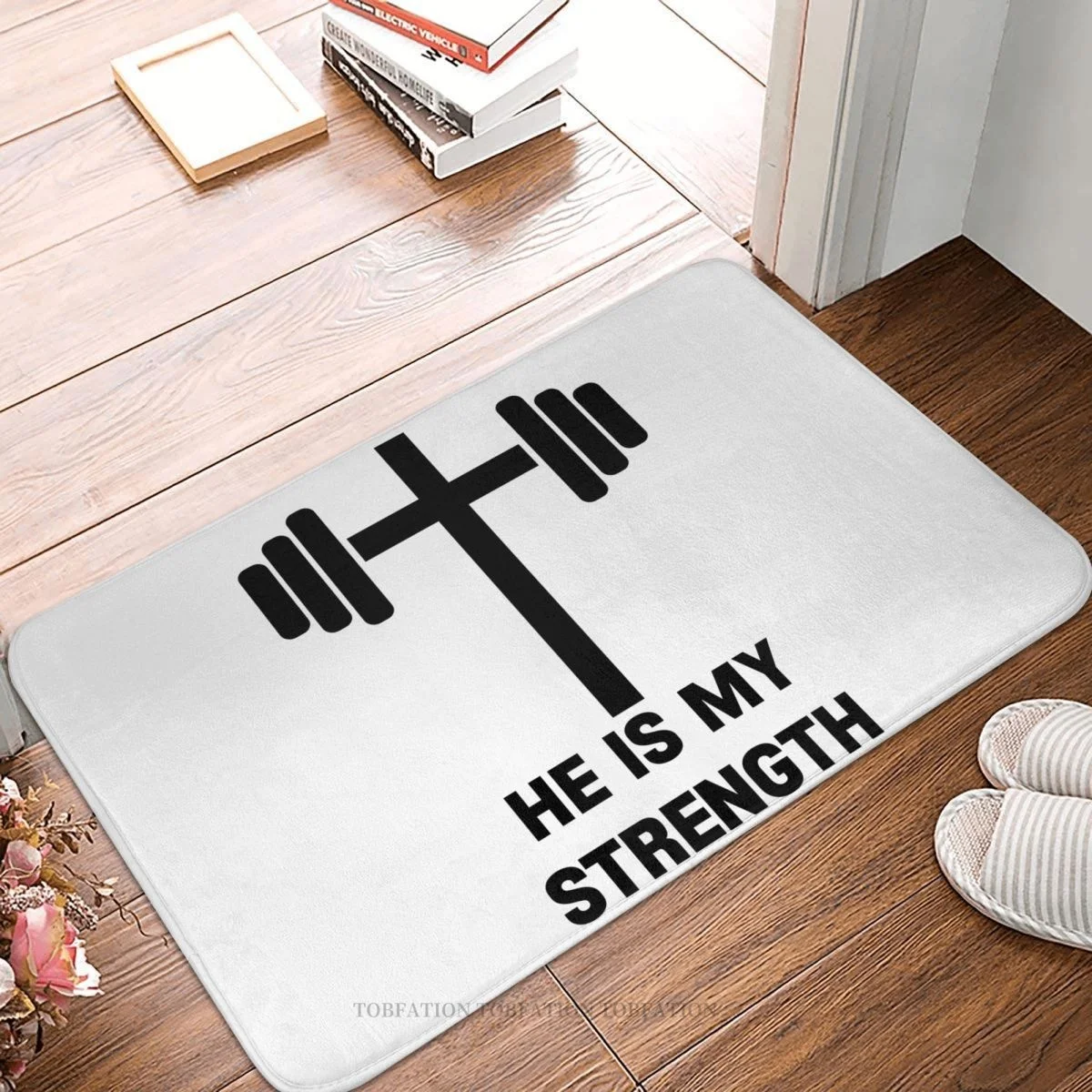 Jesus God Cross Anti-Slip Doormat Living Room Mat He Is Strength Catholic Gym Motivational Bible Quote Hallway Carpet Rug Decor