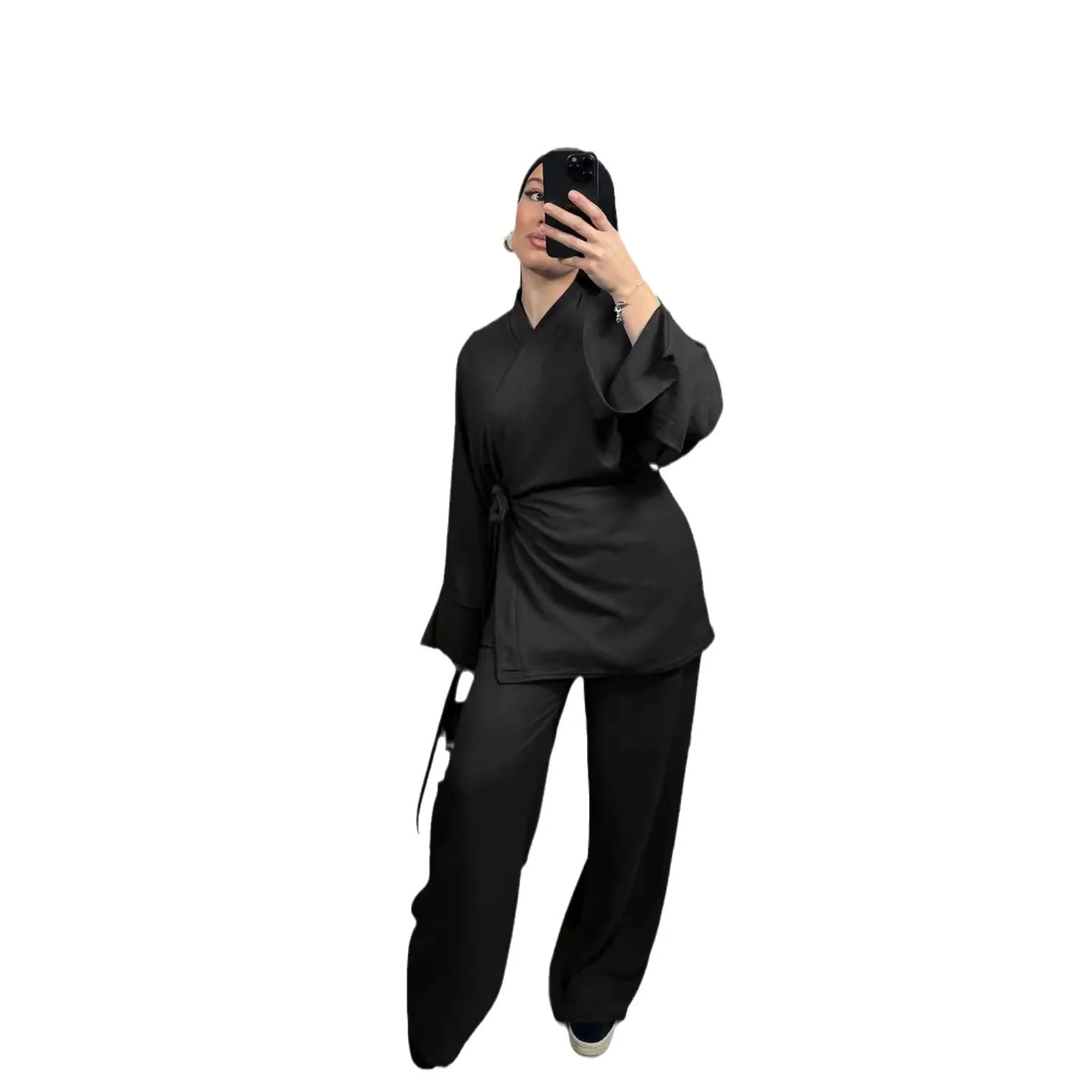 ชุดสตรีชาวมุสลิม เสื้อคลุมผ้าลูกไม้ กางเกงขายาวทรงกว้าง ชุดสำหรับวันอีด รอมฎอน สไตล์โมร็อกโก ดูไบ ชุดแบบอาหรับ เรียบร้อย ชุดสองชิ้น