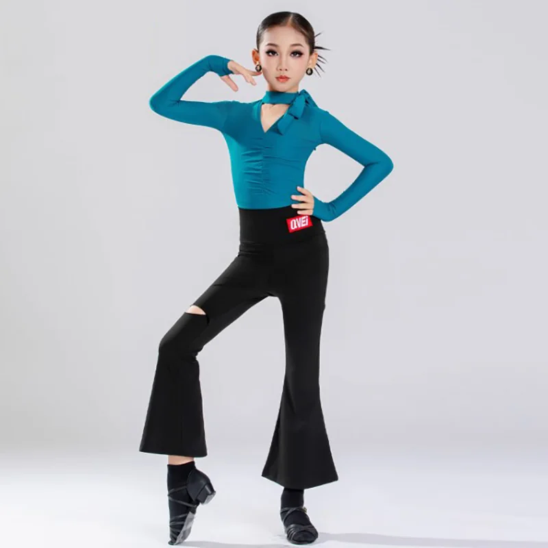 Dames Kinderen Meisjes Latin Danskostuums Lange mouw V-hals Vouwbodysuit en oefenbroek Past Ballroom Rumba Danskleding