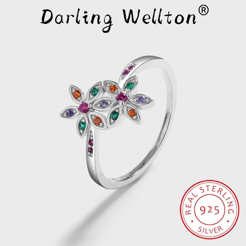 Creative Rainbow Emerald Ruby Double Flower Couple Ring For Women Original Genuine Sterling Silver Valentine's Day Gift Jewelry