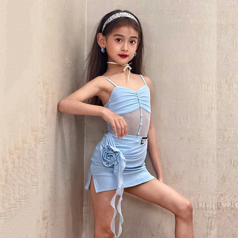 

Kids Samba Latin Dance Dresses Girls Blue Latin Dance Clothing Children'S Chacha Rumba Latin Dance Competition Suits SL13045