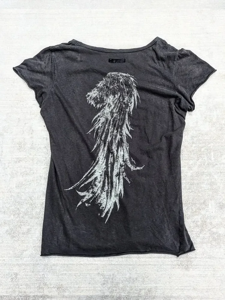 Ifsixwasnine Vision Short Sleeve Angel Back Feather Retro Print T-Shirt