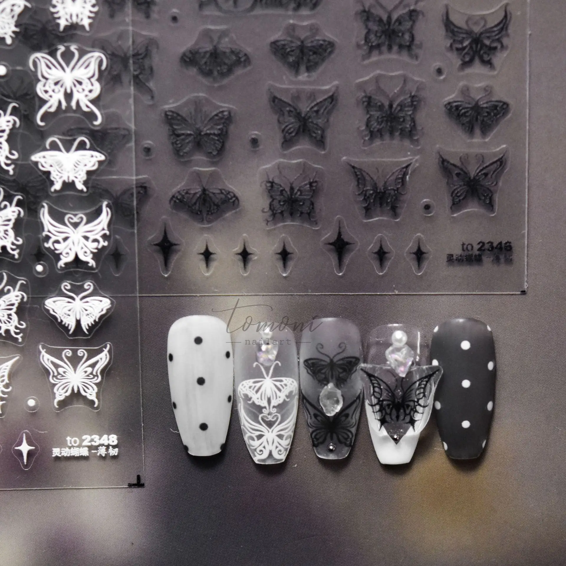 5Dhigh quality black and white fantasy butterfly nail art sticker red butterfly thin transparent frosted nail decoration sticker