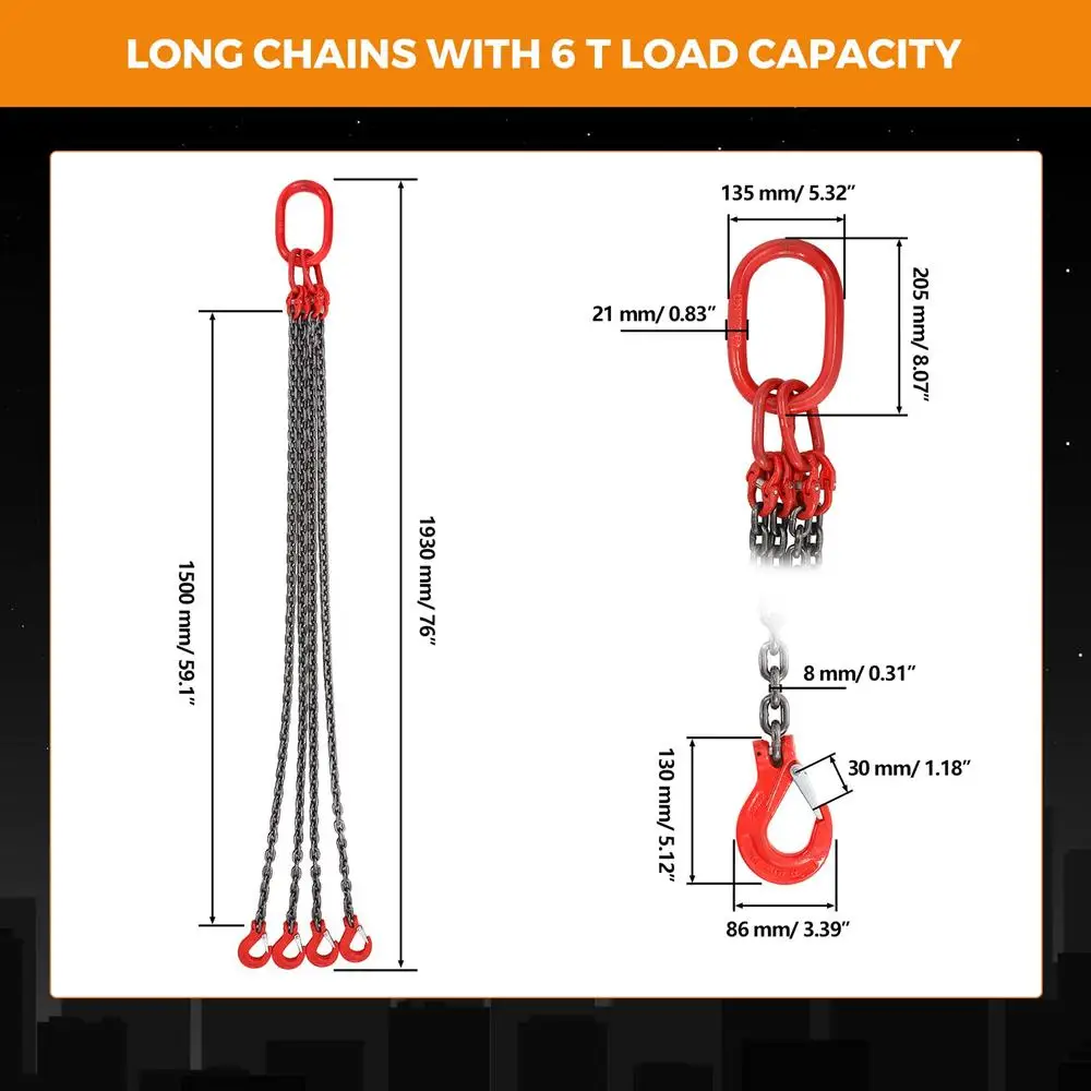 Industrial Engine Hoist Lifting Chains 6 Ton 5/16 Inch x 5 Foot Heavy Duty Chain Slings with Grab Hooks High Load Capacity