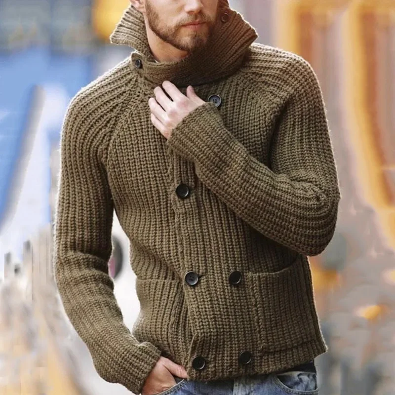 

Men's Double Breasted Long Sleeved Sweater With High Collar Knitted Sweater Men's Autumn And Winter Simple Casual Cardigan Cloth