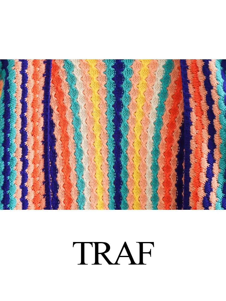 TRAF Autumn Fashion Women Streetwear Crochet Striped Knit Open Stitch Colorful Sweater Vintage Loose Long Sleeve Cardigans