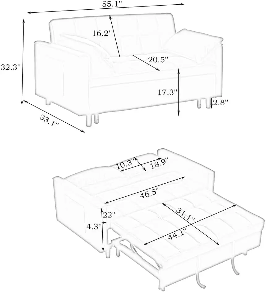 Sofá-cama conversível 3 em 1, sofás futon para sala de estar com bolso lateral