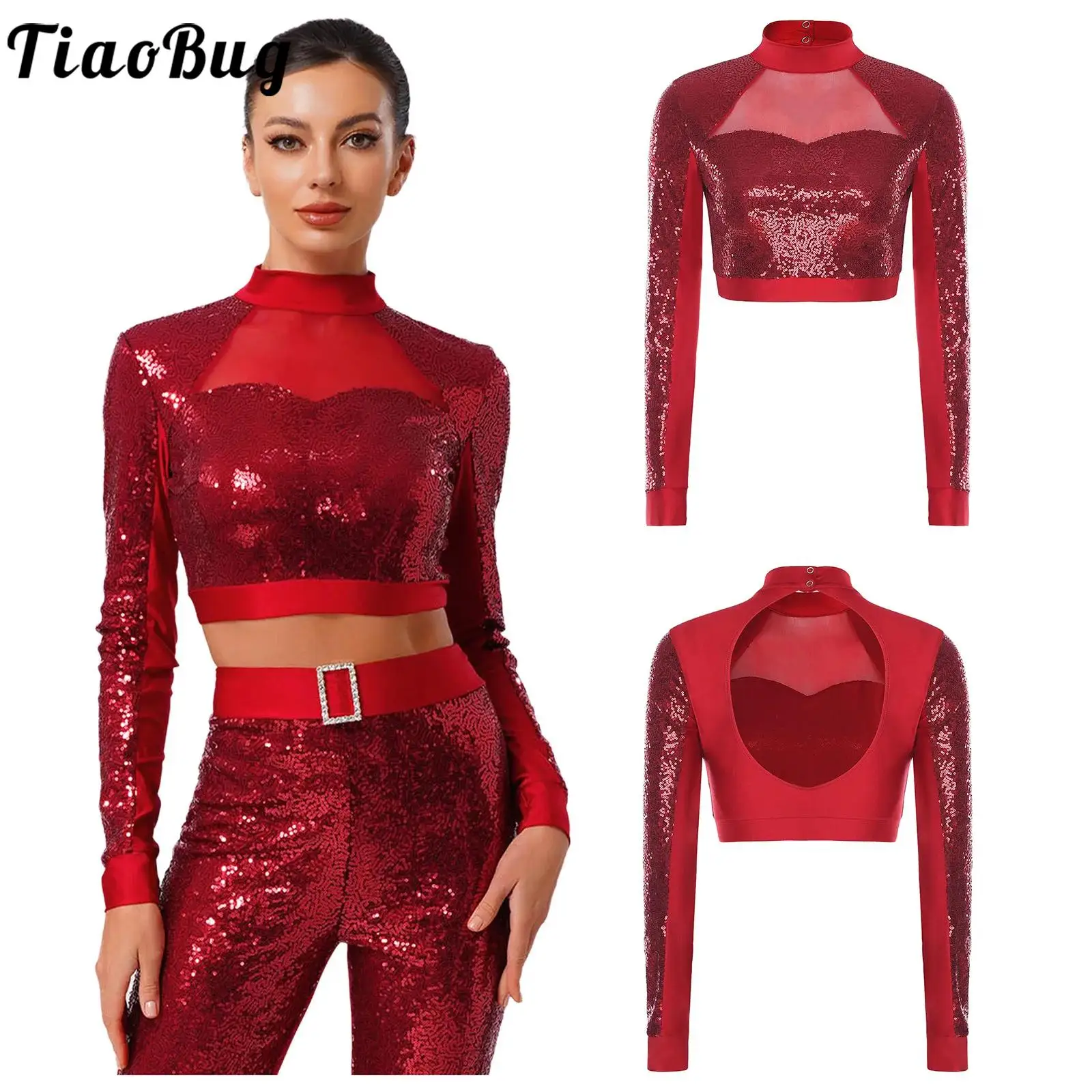 

Womens Glittery Sequin Jazz Street Dance Crop Tops Mock Neck Long Sleeve Mesh Patchwork Back Cutout Tops Modern Ballet Dancewear
