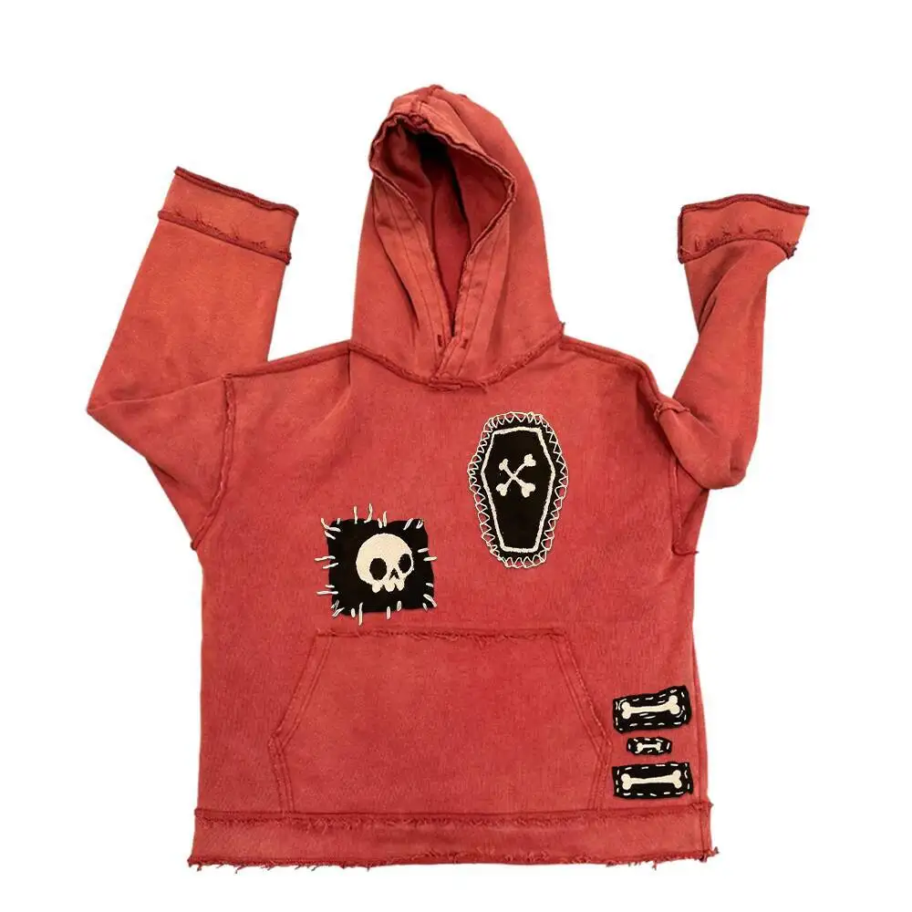 Stylish Washed Hoodie with Patchwork Design 450g Heavyweight Comfortable Casual Sweatshirt