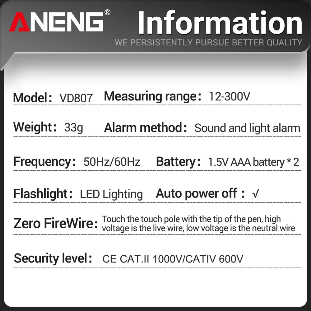 ANENG VD807 Smart Induction Tester Pen AC 12-300V Voltage Tester NCV Sensor Wire Detector 50/60Hz Professional Electrician Tool